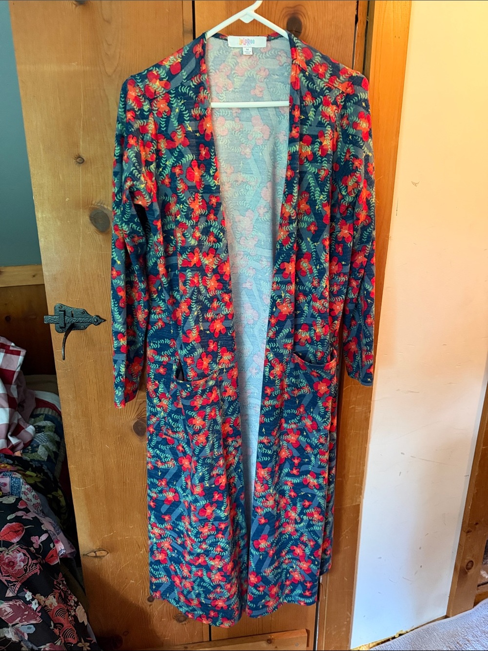 LuLaRoe Navy Floral Duster with Red and Green Accents